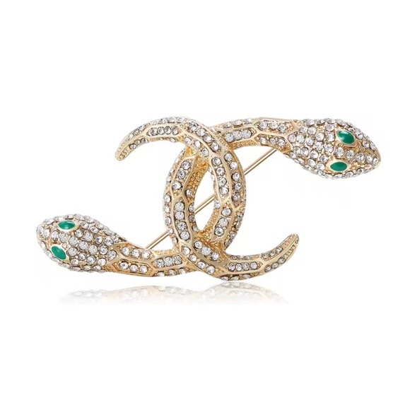 Serpenti Snake Gold Crystal Green Eyes Brooch - Picture 2 of 9